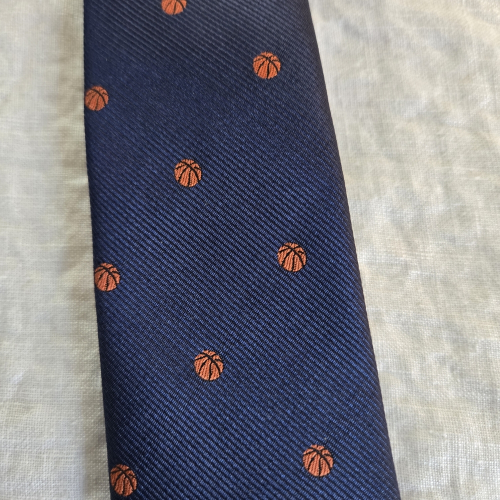 Navy Blue Men's Tie with Orange Basketball Motif